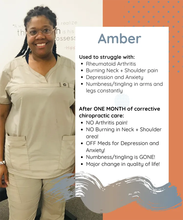 A photo and testimonial from Amber, who shares her experience. She describes being off medication and having no pain.