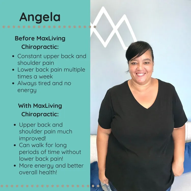 A photo and testimonial from Angela, who shares her experience. She describes a noticeable improvement in pain.
