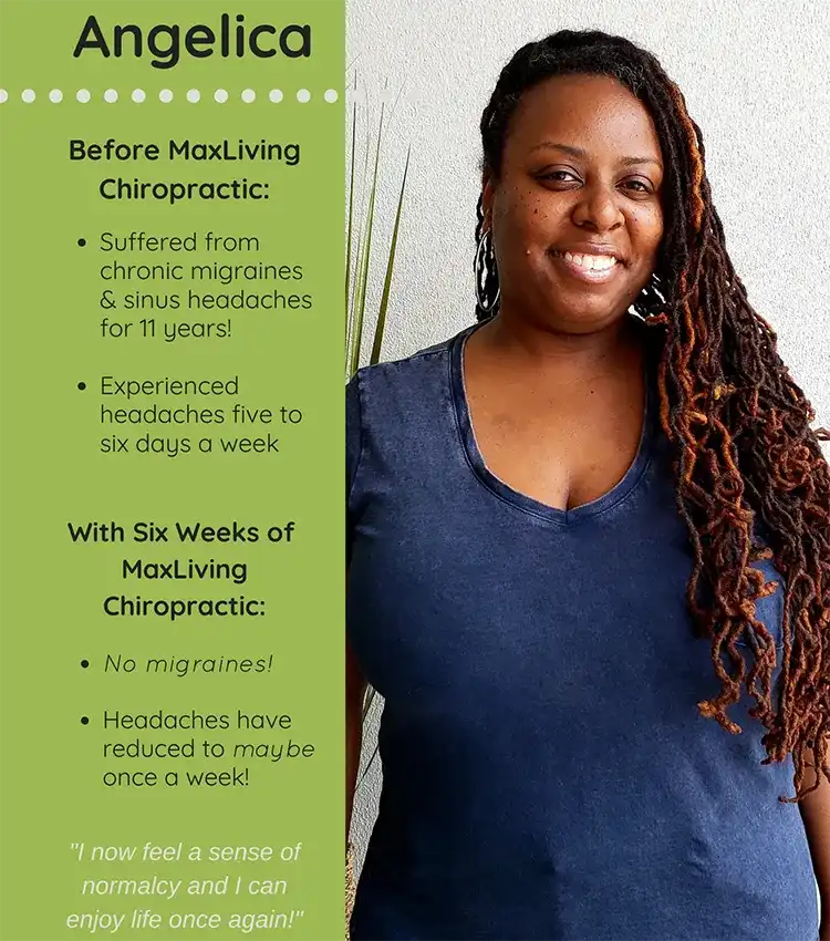 A photo and testimonial from Angelica, who shares her experience. She describes a noticeable reduction in her headaches.