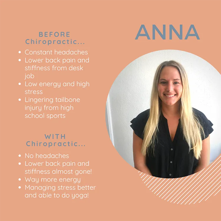 A photo and testimonial from Anna, who shares her experience. She describes having way more energy.