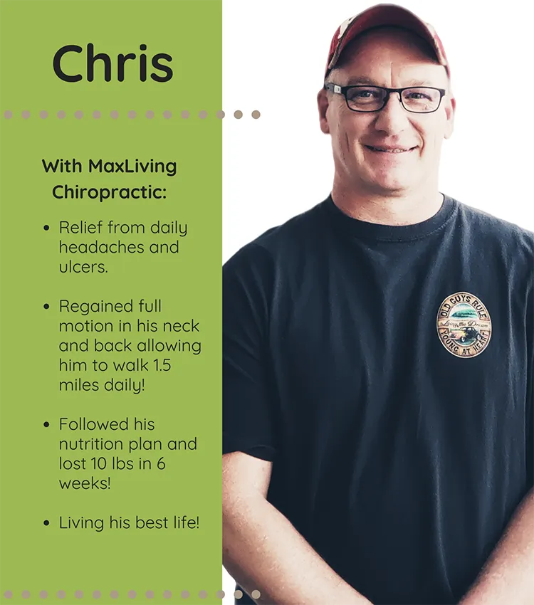 A photo and testimonial from Chris, who shares his experience. He describes living his best life.