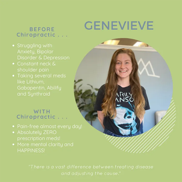 A photo and testimonial from Genevieve, who shares her experience. She describes being almost pain free.
