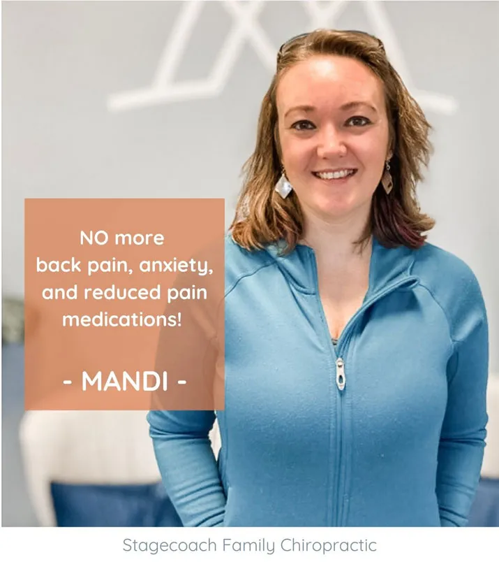 A photo and testimonial from Mandi, who shares her experience. She describes having no more pain or anxiety.