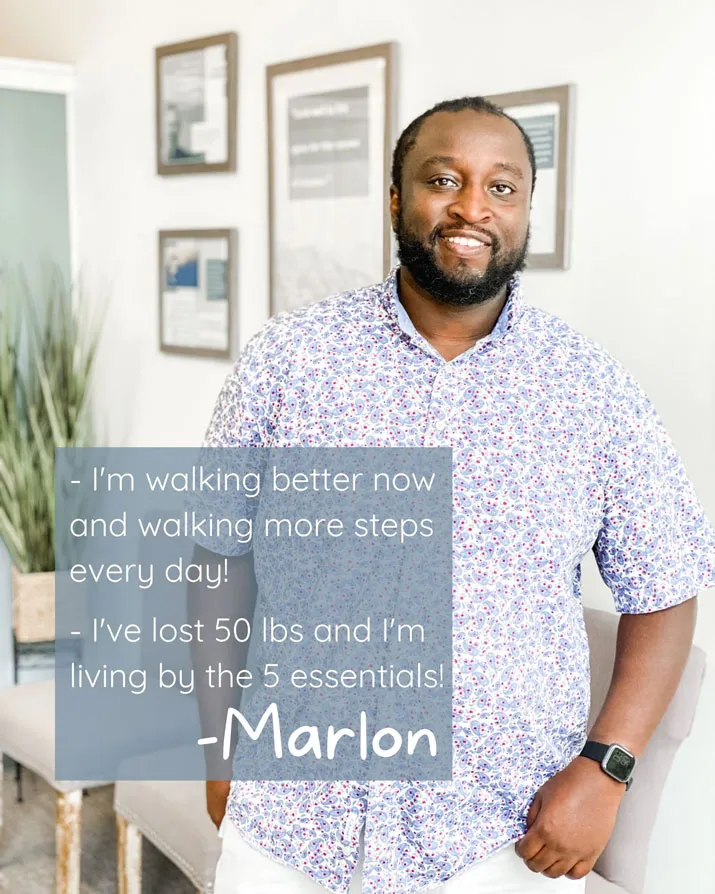 A photo and testimonial from Marlon, who shares his experience. He describes losing 50 pounds.
