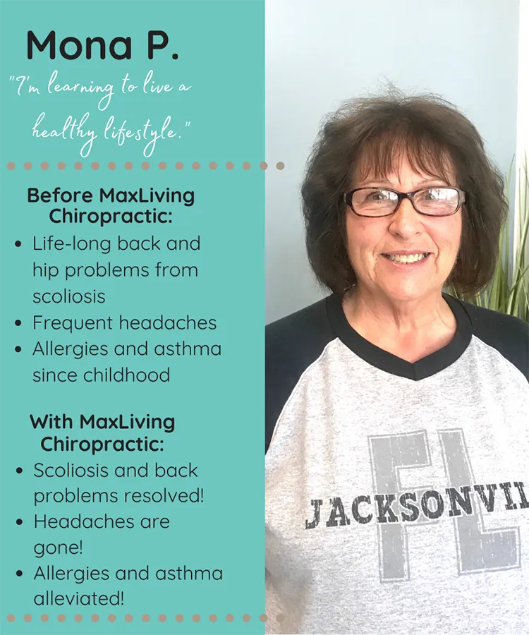 A photo and testimonial from Mona, who shares her experience. She describes resolving scoliosis and back pain problems.