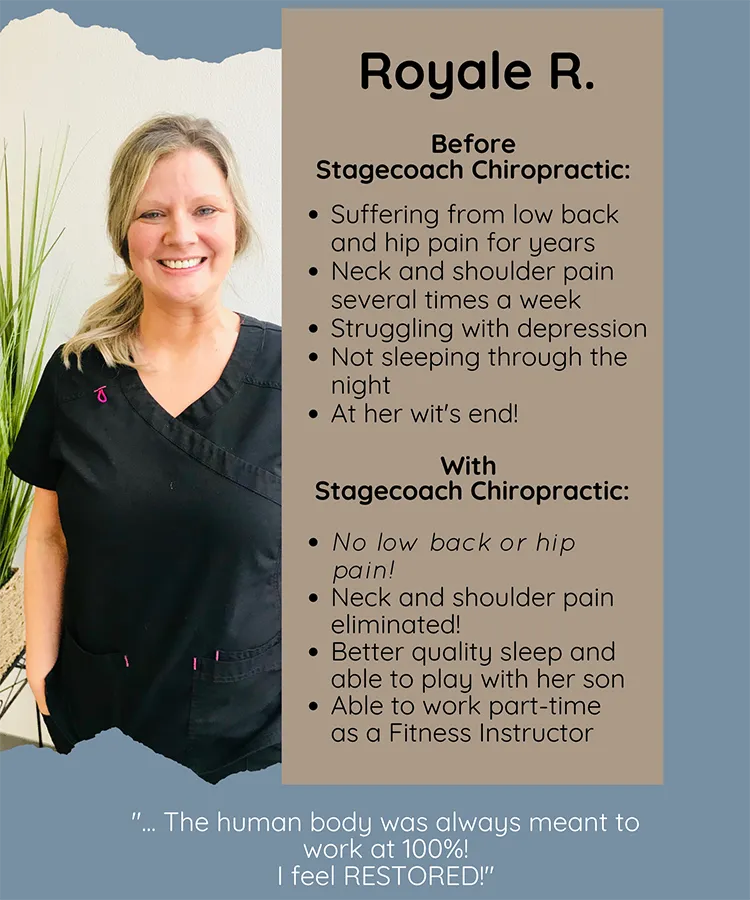 A photo and testimonial from Royale, who shares her experience. She describes no more back or hip pain.