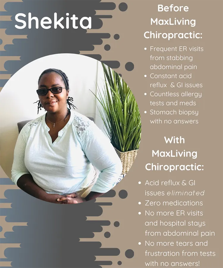 A photo and testimonial from Shekita, who shares her experience. She says her acid reflux & GI issues are eliminated.