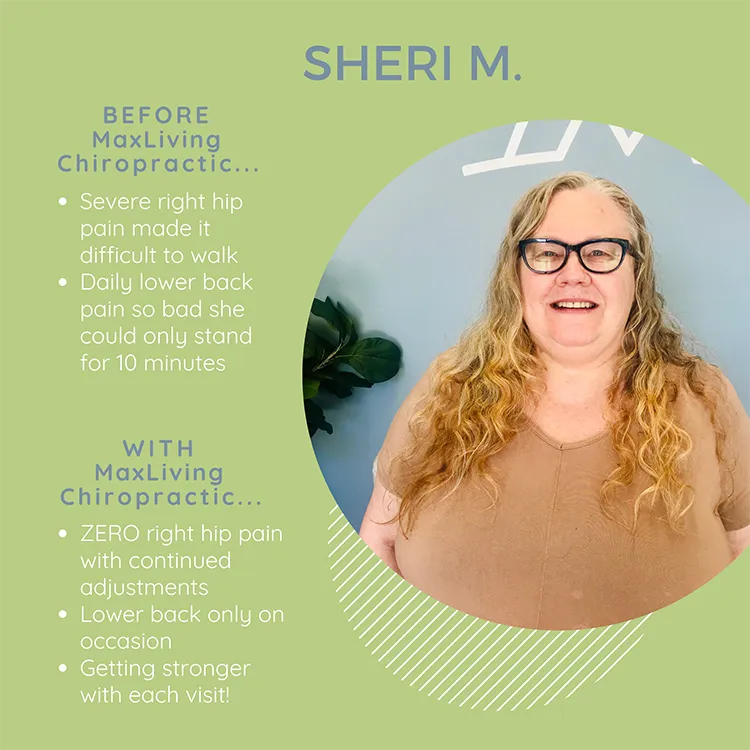 A photo and testimonial from Sheri, who shares her experience. She now has zero hip pain.