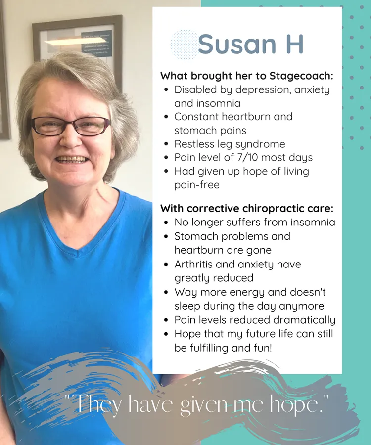 A photo and testimonial from Susan, who shares her experience. She describes a noticeable improvement in energy.