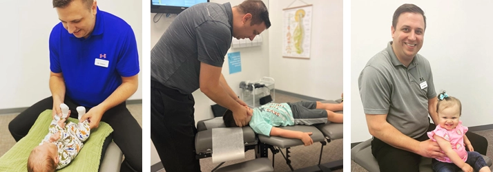 Chiropractor Clemmons NC Andrew Green Adjusting Kids A photo grid of 3 photos. All of Dr. Andrew Green adjusting kids.