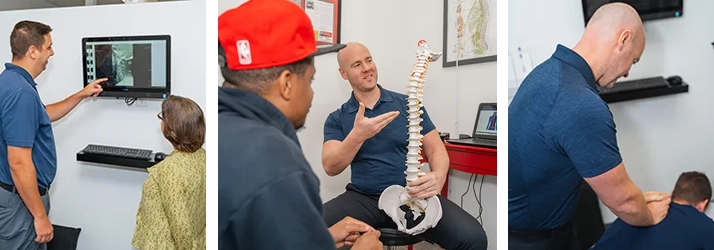 Chiropractor Clemmons NC Jason Barker And Andrew Green Wellness Care A photo grid of 3 photos. One of Dr. Andrew Green going over X-rays. Two of Jason Barker with patients.
